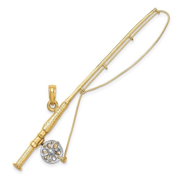 LaneMax Jewelry - 10K w/Rhodium 3-D Fly Rod Fishing Pole Charm